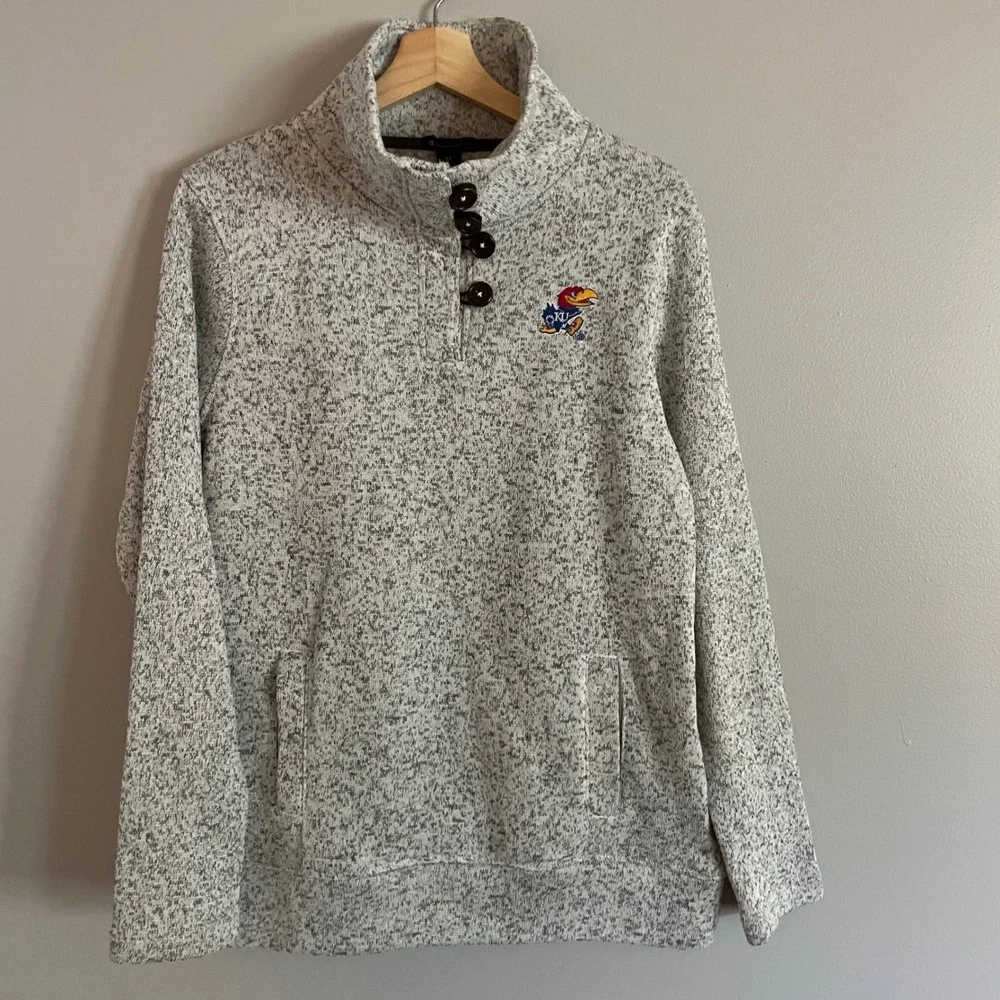 Champion Pullover Mens Medium Grey KU Kansas Jayhawks Fleece Button NCAA